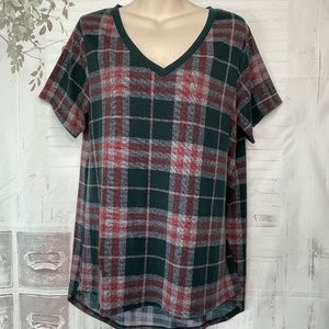 LuLaRoe Christy Womens Plaid Green Knit Stretch V Neck Top Shirt Medium M NEW
